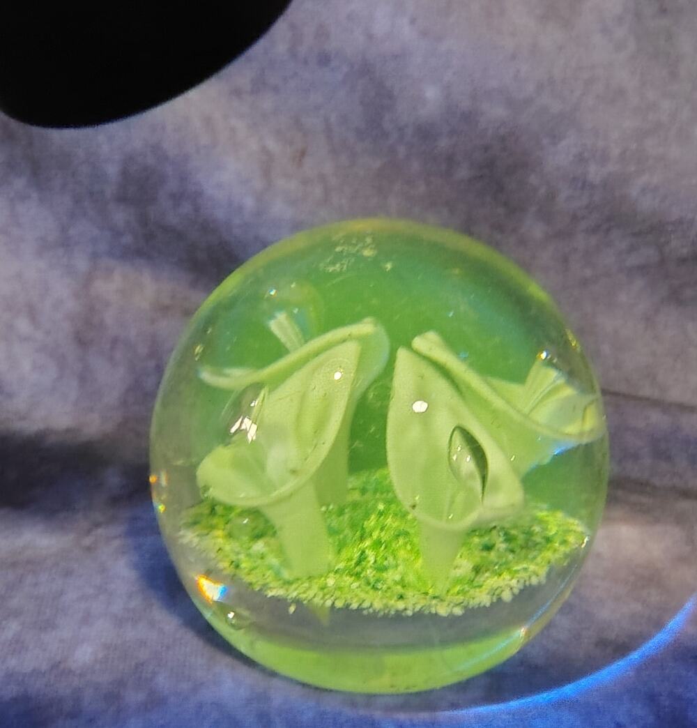 Vintage Uranium Glow Art Glass Controlled Bubble Floral Paperweight